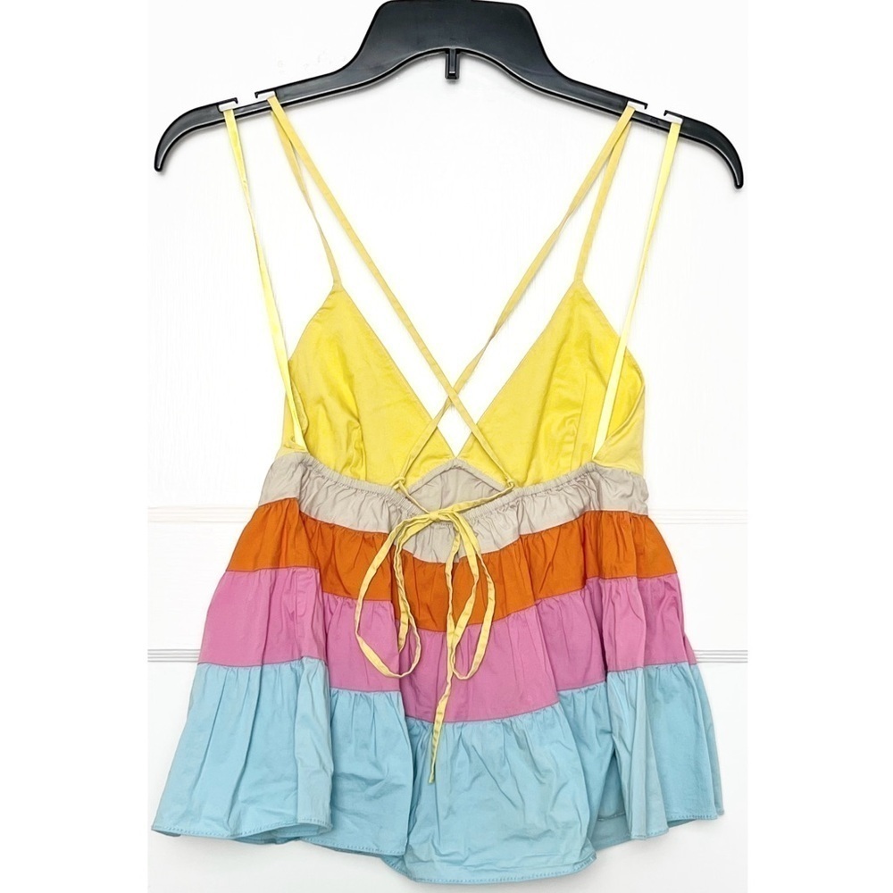 STAUD Colorblock Rainbow Stripe Sleeveless V-Neck Tiered Ruffle Babydoll Top‎ S - Picture 10 of 13